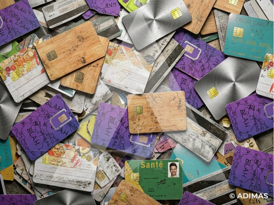 Cartes à puce usagées issues de différents secteurs prêtes à être collectées pour recyclage sécurisé